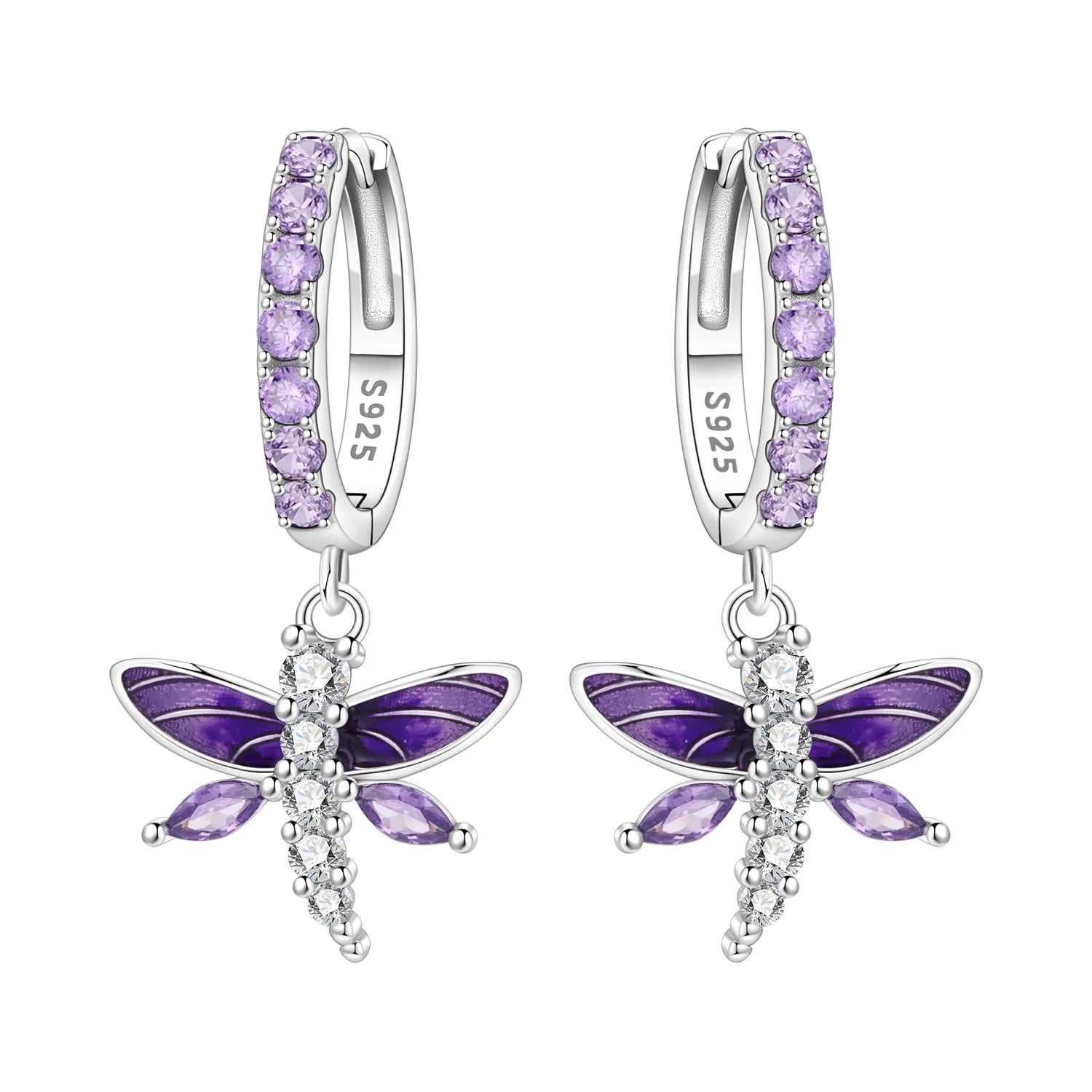 PANPOKI 925 Sterling Silver Purple Zircon Dragonfly Insect Drop Earrings Women Earrings Charm Versatile Party Jewelry Gifts
