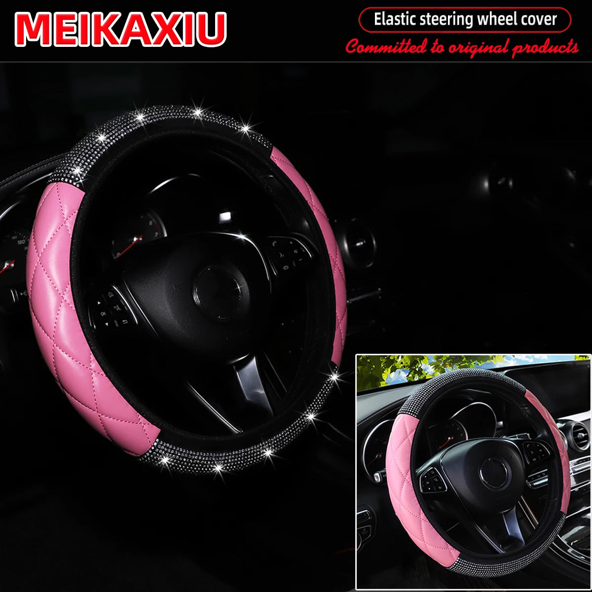 Soft PU leather diamond-encrusted sparkling car steering wheel cover without inner ring, suitable for women of 38cm15inch