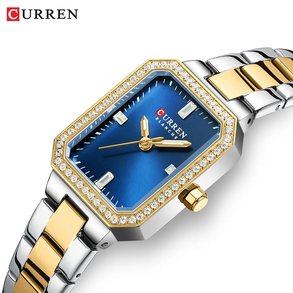 CURREN Luxurious Elegant Women's Watches Classic Rectangular Dial with Rhinestones Luminous Hands Waterproof