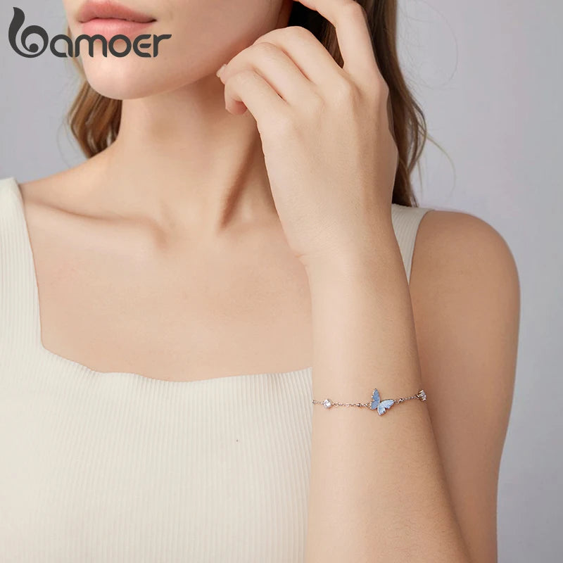 Bracelet Bamoer en argent sterling 925 avec breloque papillon, perles CZ légères et chaîne à maillons, cadeau pour femmes et adolescentes, ornement naturel pour le poignet