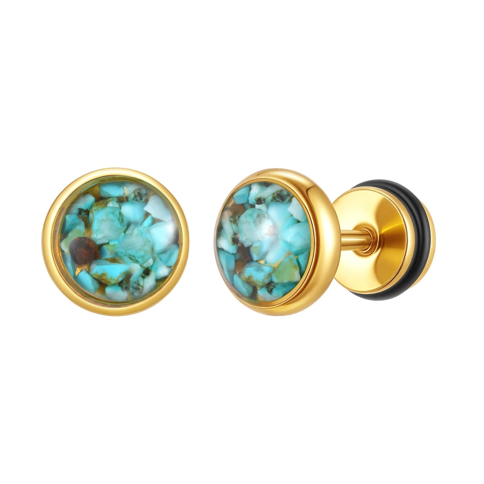 Vnox Irregular Turquoise Stones Stud Earrings for Women Men, Clear Enamel Round Small Earrings,Stainless Steel Ear Jewelry