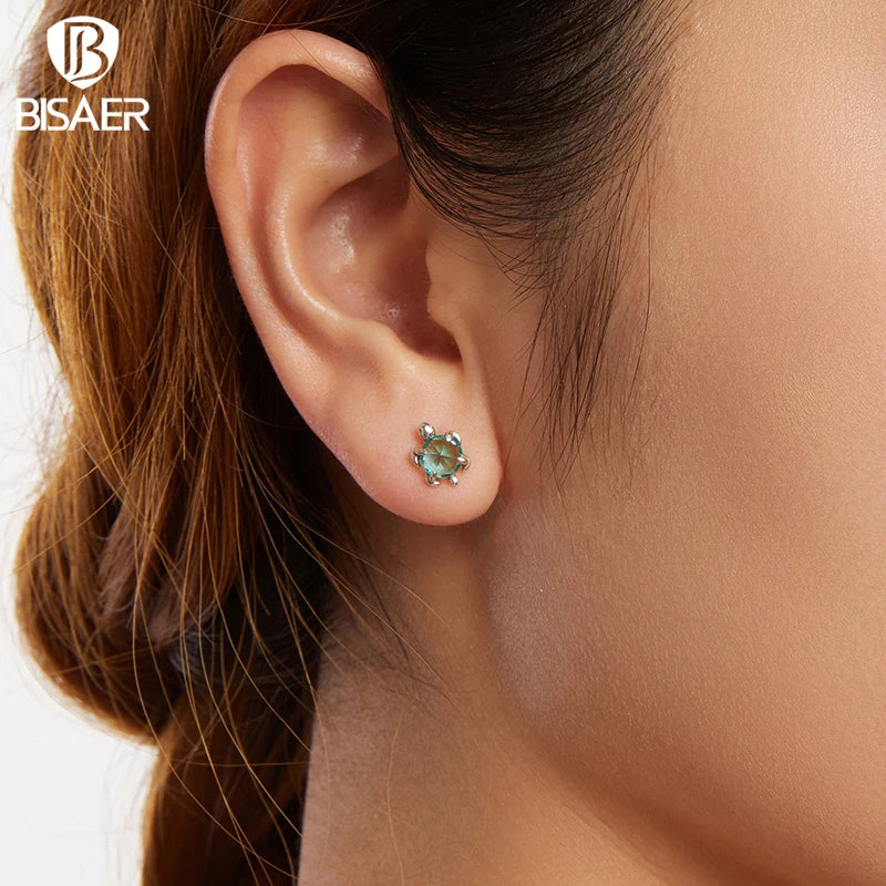BISAER 925 Sterling Silver Turtle Stud Earrings Green Glass Stud Ear for Women & Girls Party Fine Jewelry Holiday Gift ECE1879