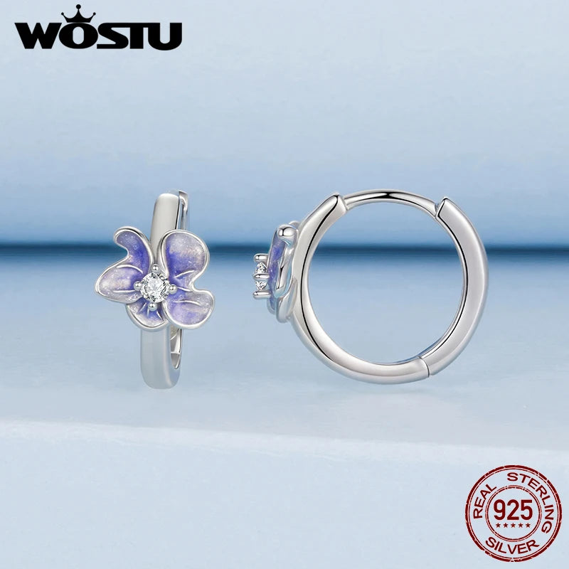 WOSTU 925 Sterling Silver Mystical Purple Flower Hoop Earrings For Women , Wedding Engagement Luxury Drip Oil Iris Earring Gift