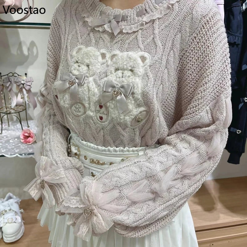 Vintage Sweet Lolita Style Knitted Pullover Girls Cute Plush Cartoon Bear Embroidery Bow Sweater Women Harajuku Knitwear Tops