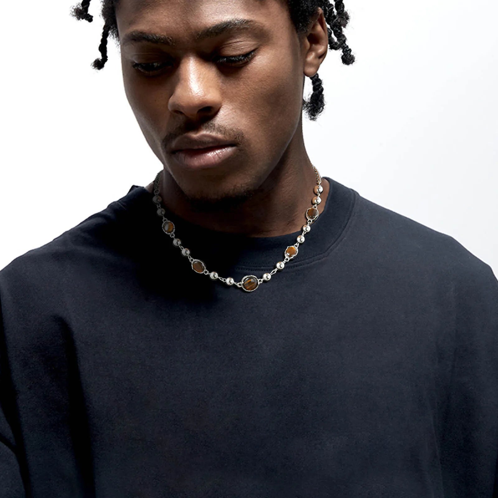 Vnox Aesthetic Tiger Eye Stone Beaded Chain Necklaces, Personality Men Women Chokers,Fashion Clavicle Chain