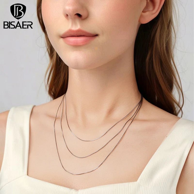 BISAER 100% 925 Sterling Silver Snake Basic Necklace Stacking Chain Plated White Gold for Women Party Fine Jewelry ECA032