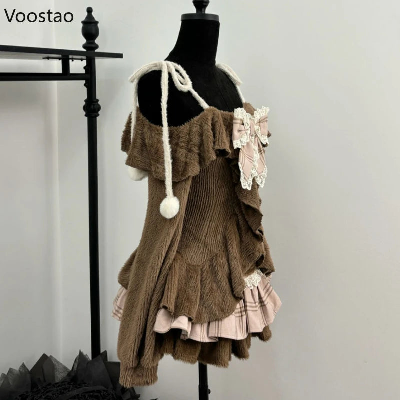 Vintage Sweet Lolita 2 Piece Sets Women Japanese Off Shoulder Bow Blouse Tops Plaid Cake Mini Skirt Suit Girls Cute Y2k Outfits