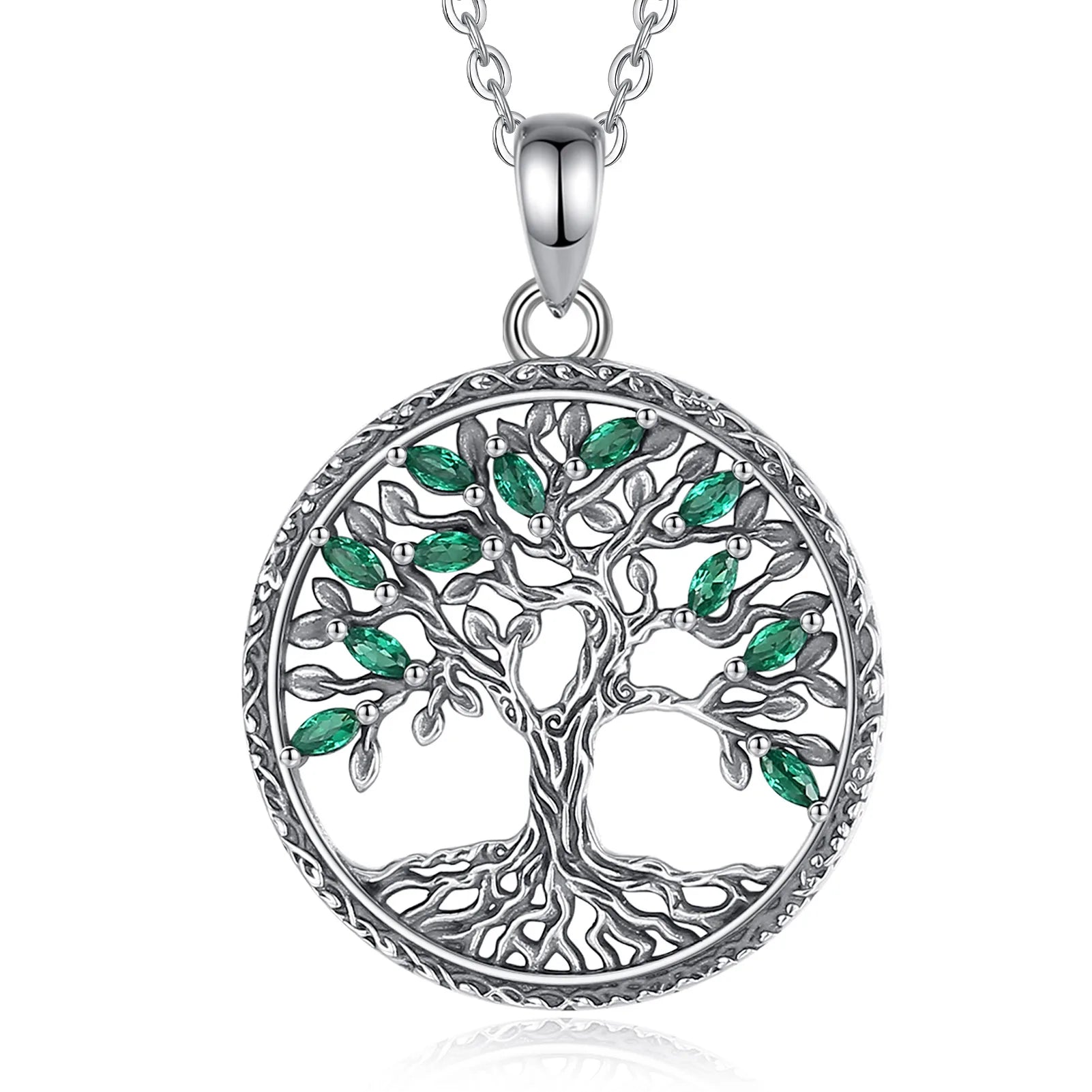 Eudora 925 Sterling Silver Tree of Life Necklace for Women Green Zircon Yggdrasil Pendant Tree Jewelry Gift for Mom and Grandma
