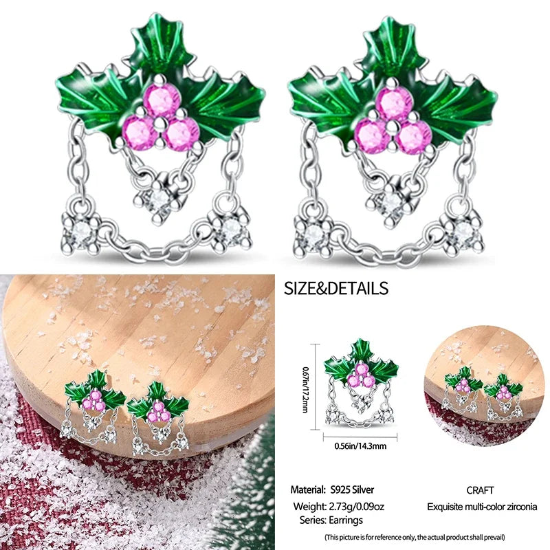 925 Sterling Silver Christmas Blue Snowflakes Tassel Diamond Earrings Red Bow for Women Creative Jewelry Christmas Themed Gifts