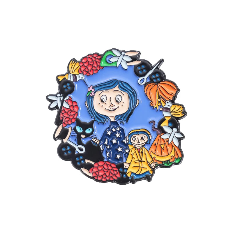 Horror Animated Films Coraline Doll Enamel Pins Cartoon Character Role Brooch Lapel Badge Punk Halloween Jewelry Gift for Friend