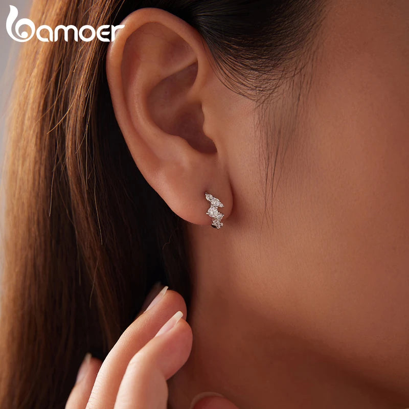 BAMOER 925 Sterling Silver Dazzling Paved CZ Hoop Earrings Shooting Star Huggies Earrings for Women Girls Cute Party Jewelry