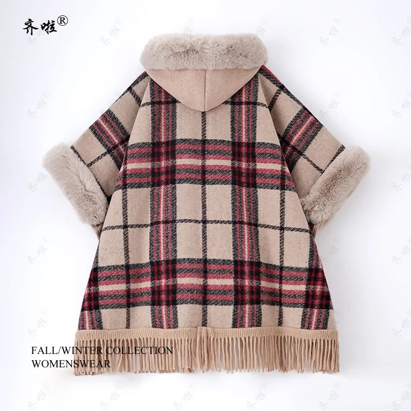 Faux Rabbit Fur Capes Coats Women Plaid Poncho Jackets Tassel Hooded Batwing Sleeves Open Stitch Loose Casual 2025 Autumn Winter