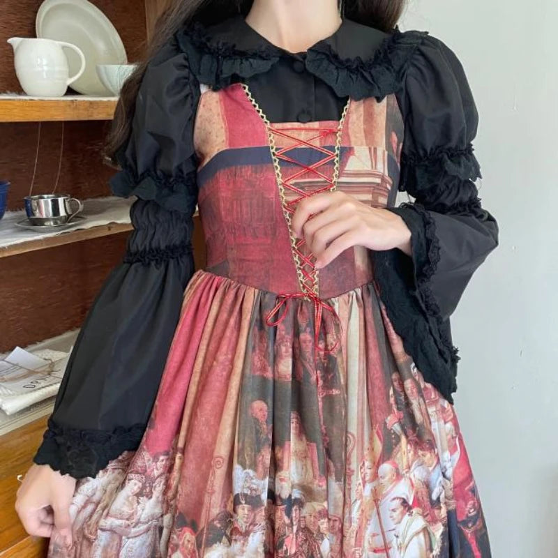 Vintage Victorian Kawaii Lolita Shirts Women Gothic Lace Ruffles Rose Peter Pan Collar Removable Long Sleeve Blouses Sweet Tops