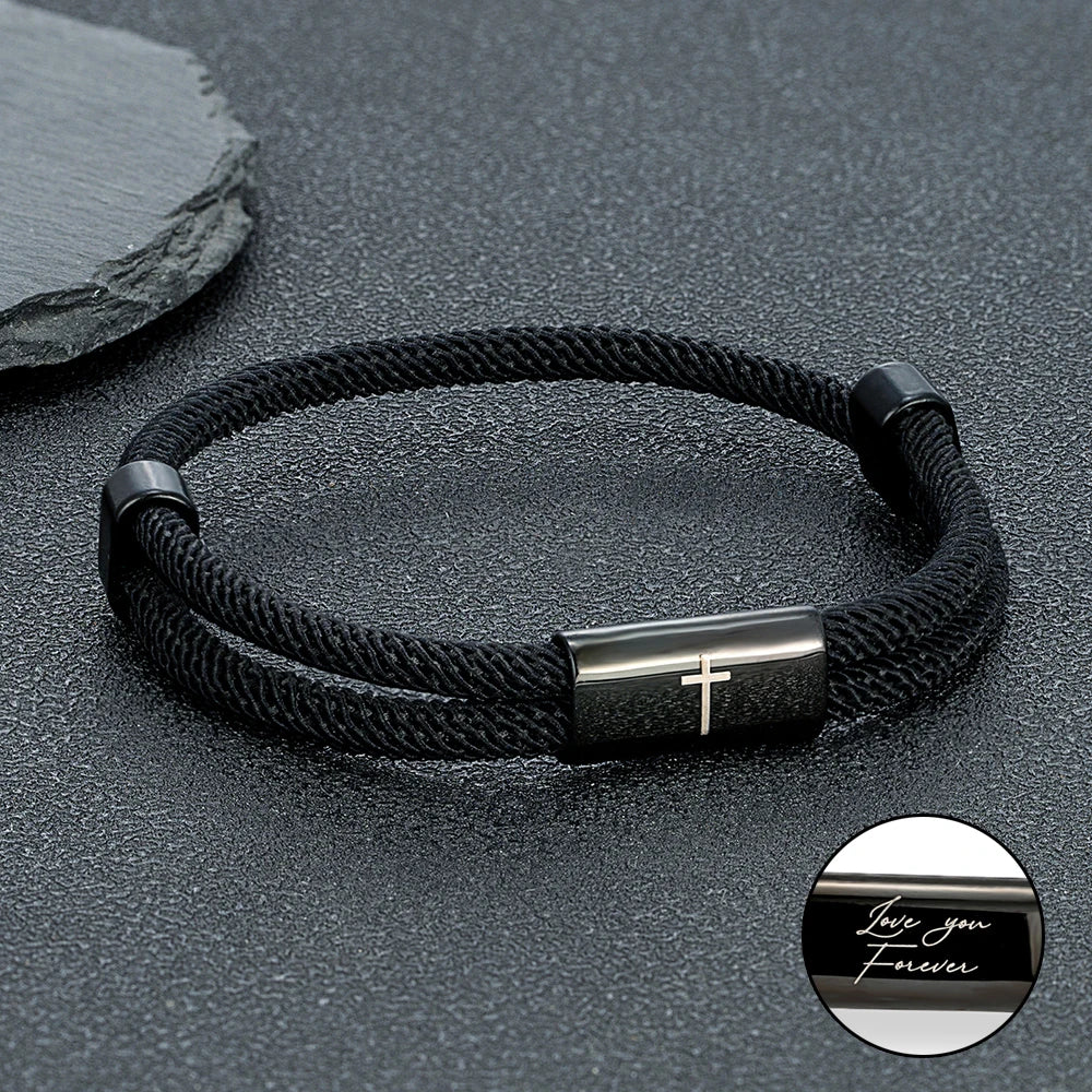 MKENDN Charm Rope Bracelet Cross Black Stainless Steel Bracelets Handmade Men Women Prayer Fitness Chain Couple Jewelry Gift