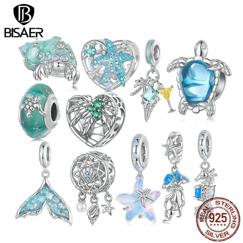 BISAER 925 Sterling Silver Fantasy Turtle Octopus Charm Bead Starfish Seahorse Fishtail Pendant for Women DIY Bracelet Jewelry