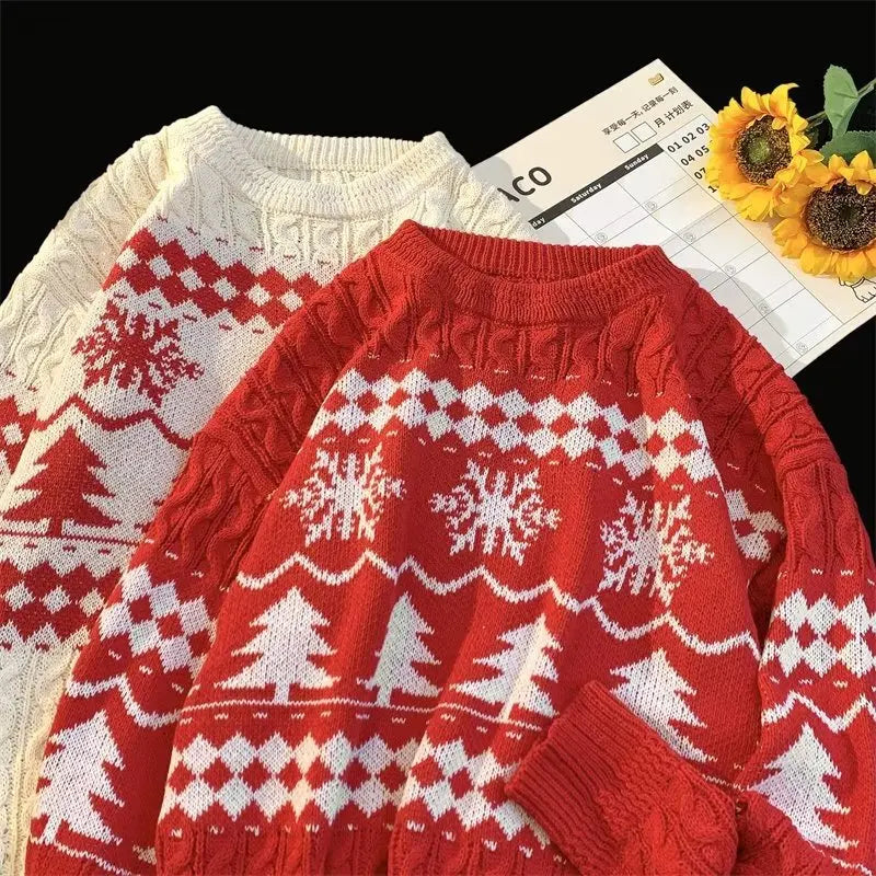 Japanese Retro Diamond-shaped Christmas Sweater Men and Women Couple Winter Pullover Knitted Sweater Top