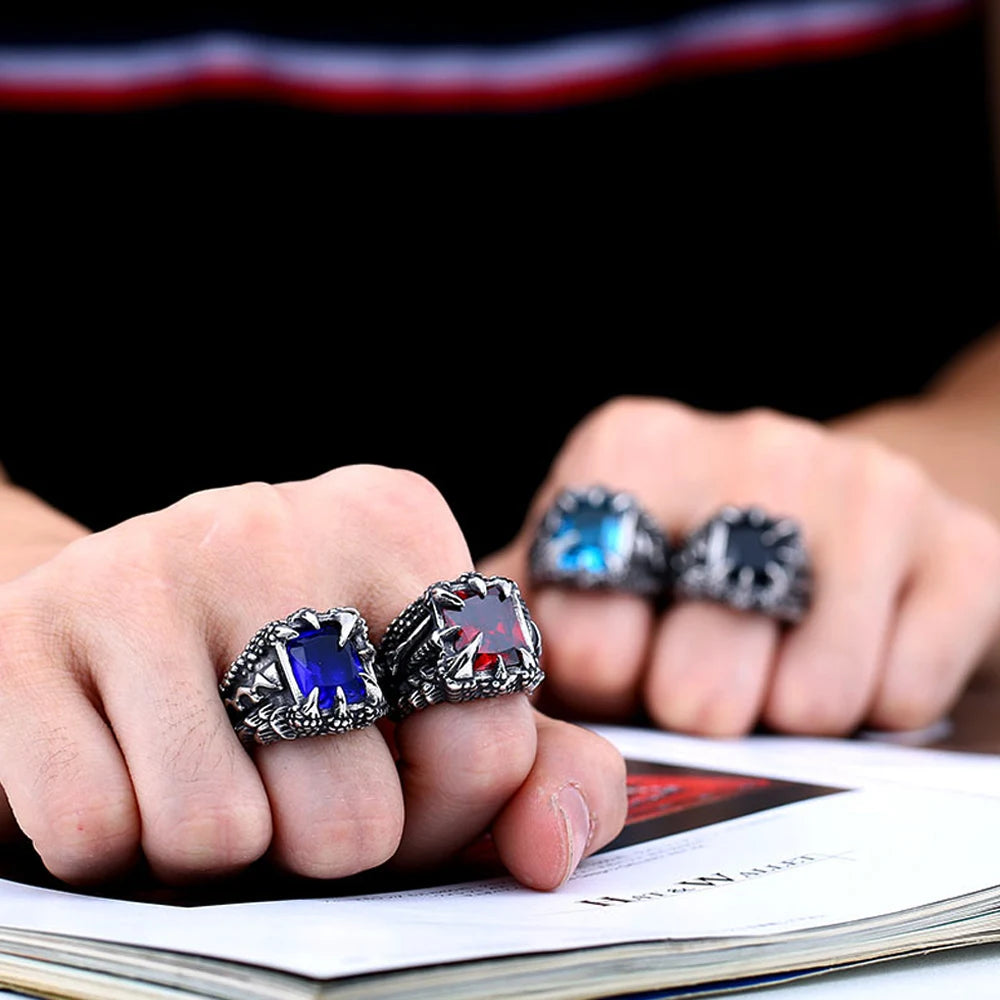 Retro Dragon Claw Blue Black Red Stone Ring For Men Punk Hip Hop Stainless Steel Dragon Claw Ring Nightclub Party Jewelry Gift