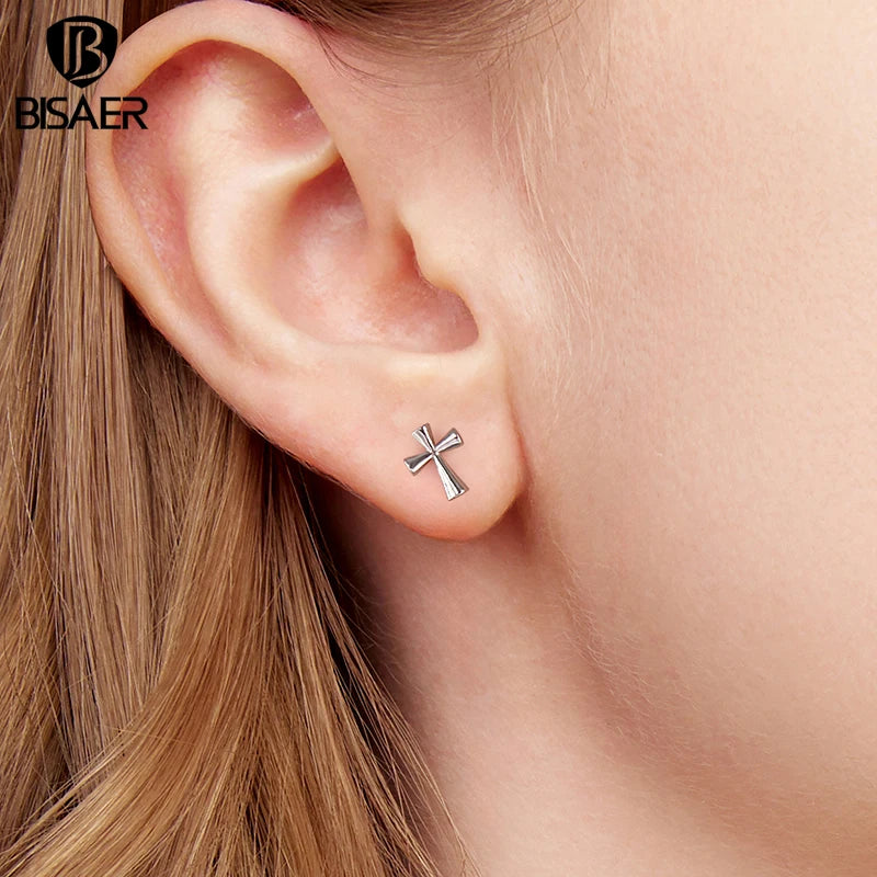 BISAER 925 Sterling Silver Cross Stud Earrings,Dainty Lightweight Hypoallergenic Stud Ear for Religious Women Party Fine Jewelry