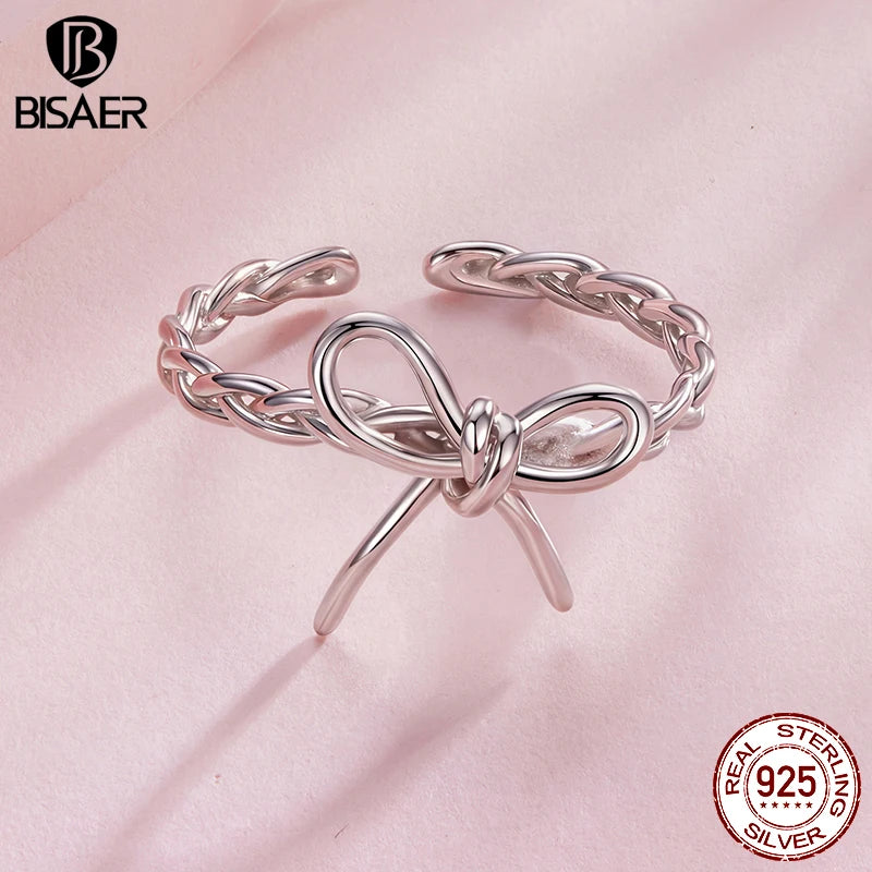 BISAER 925 Sterling Silver Weaving Bow Open Ring Bow-knot Statement Band Plated White Gold for Women Party Original Fine Jewelry