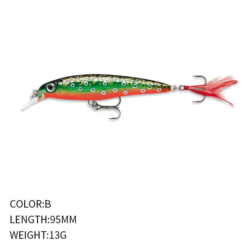 9.5cm 13g Fishing Lure Minnow Wobbler Floating Laser Artificial Hard Bait Feather Built-in Steel Ball Jerkbait Trout Bass Decoy
