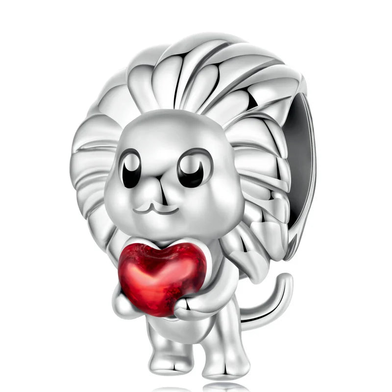 WOSTU S925 Sterling Silver Coffee Cup Bead Lion Bear Charm With Heart Zircon