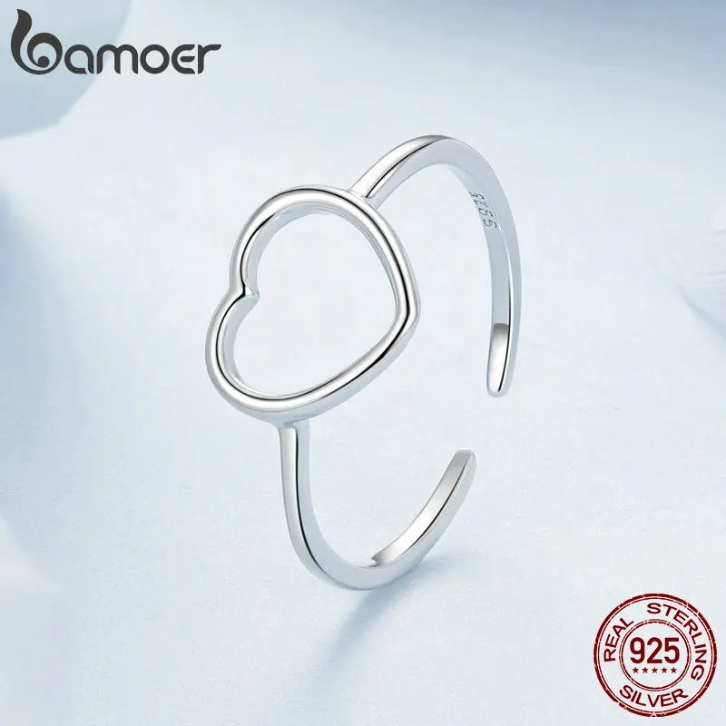 BAMOER Sterling Silver 925 Simple Heart Open Rings Minimalist Adjustable Ring for Women Statement Ring Jewelry Gift BSR593-E