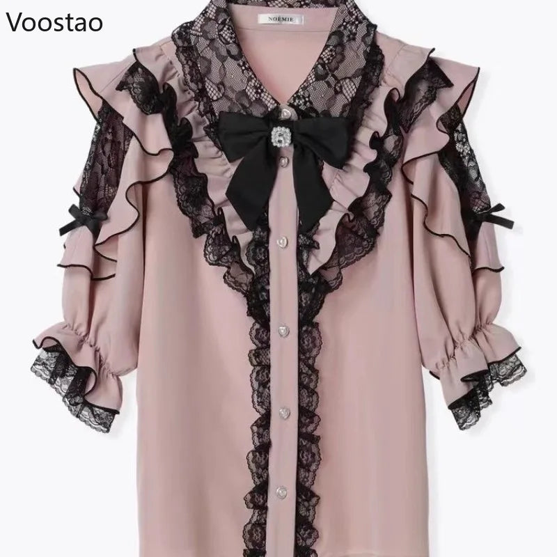 Japanese Gothic Lolita Style Bow Shirts Women Sweet Y2k Lace Ruffles Short Sleeve Blouses Tops Summer Female Vintage Punk Blusas