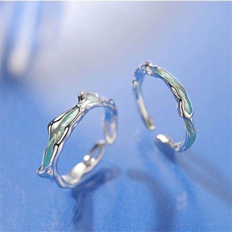 Fresh Green Irregular Ripple Dropped Adhesive Open Ring For Men Jewelry Trendy 925 Silver Couple Rings Male Finger Accessories