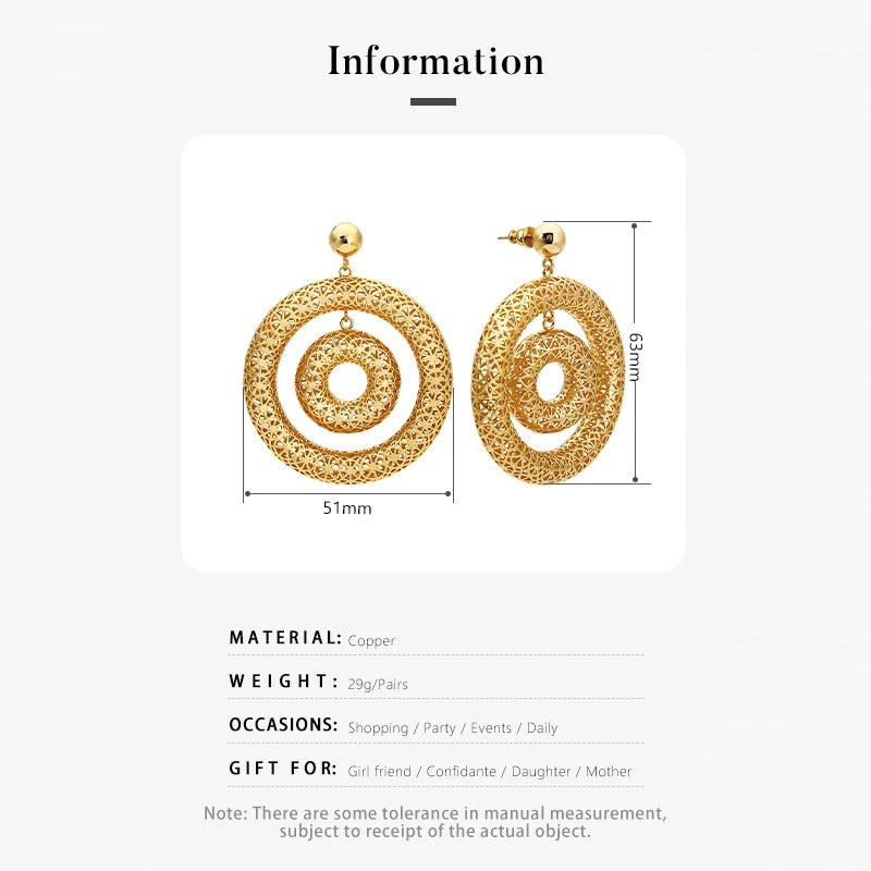 IVOG Bicyclic Ring Hollowed Out Drop Earrings For Women Brass Gold Color Earrings Fashion Luck Jewelry official-website