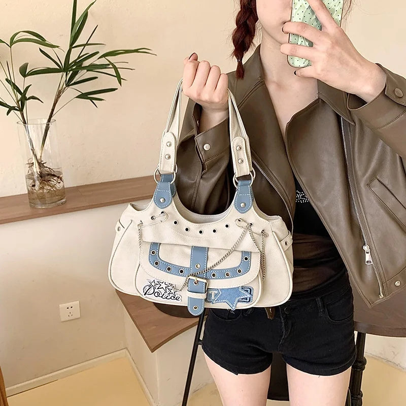Gothic Punk Y2K One Shoulder Tote Bag, Harajuku Aesthetic Leather Patchwork Casual Handbag, Vintage Beige Female Bags