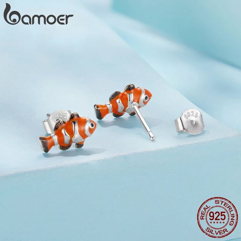 BAMOER 925 Sterling Silver Crab Stud Earrings Enamel Marine Clownfish Ear Studs for Women Girls Sweet Summer Jewelry Gift
