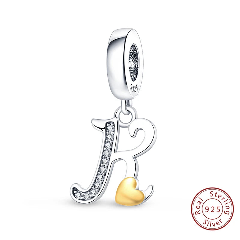 Classic 925 Sterling Silver 26 Gold Color Heart Zircon Letter A-Z Charms Beads Fit Original Bracelets DIY Birthday Jewelry Gift