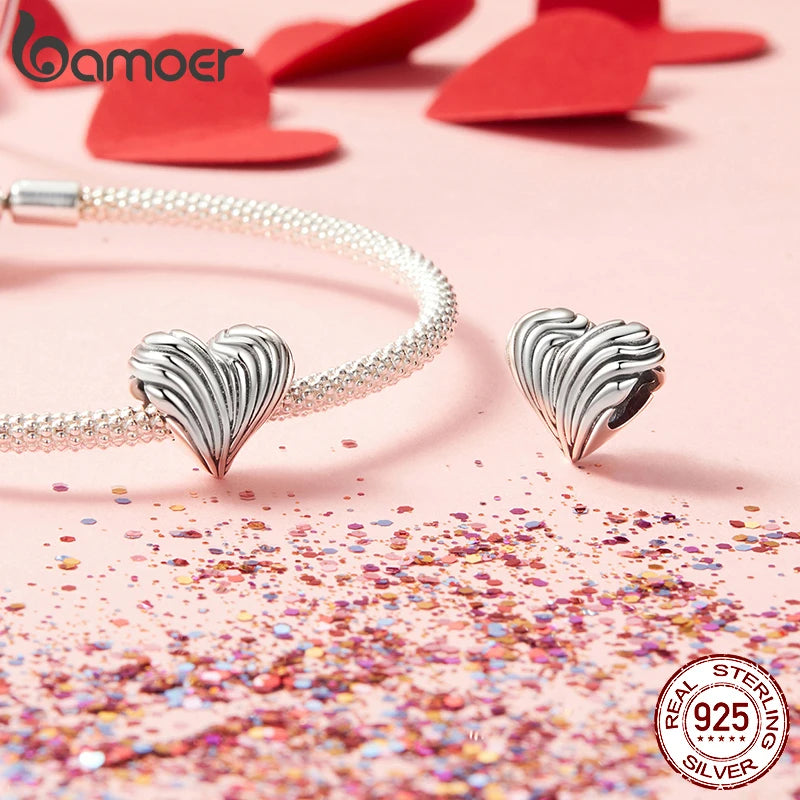 BAMOER Solid 925 Sterling Silver Retro Pattern Heart Charm Bead fit Original Bracelet & Necklaces Jewelry DIY bamoer Heart Charm