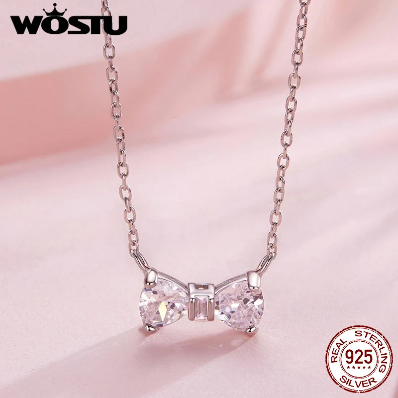 WOSTU Wedding Jewelry Set 925 Sterling Silver Clear CZ Bowknot Necklace Earrings Ring Sweet Bow Knot Jewelry Gift For Girl Lover
