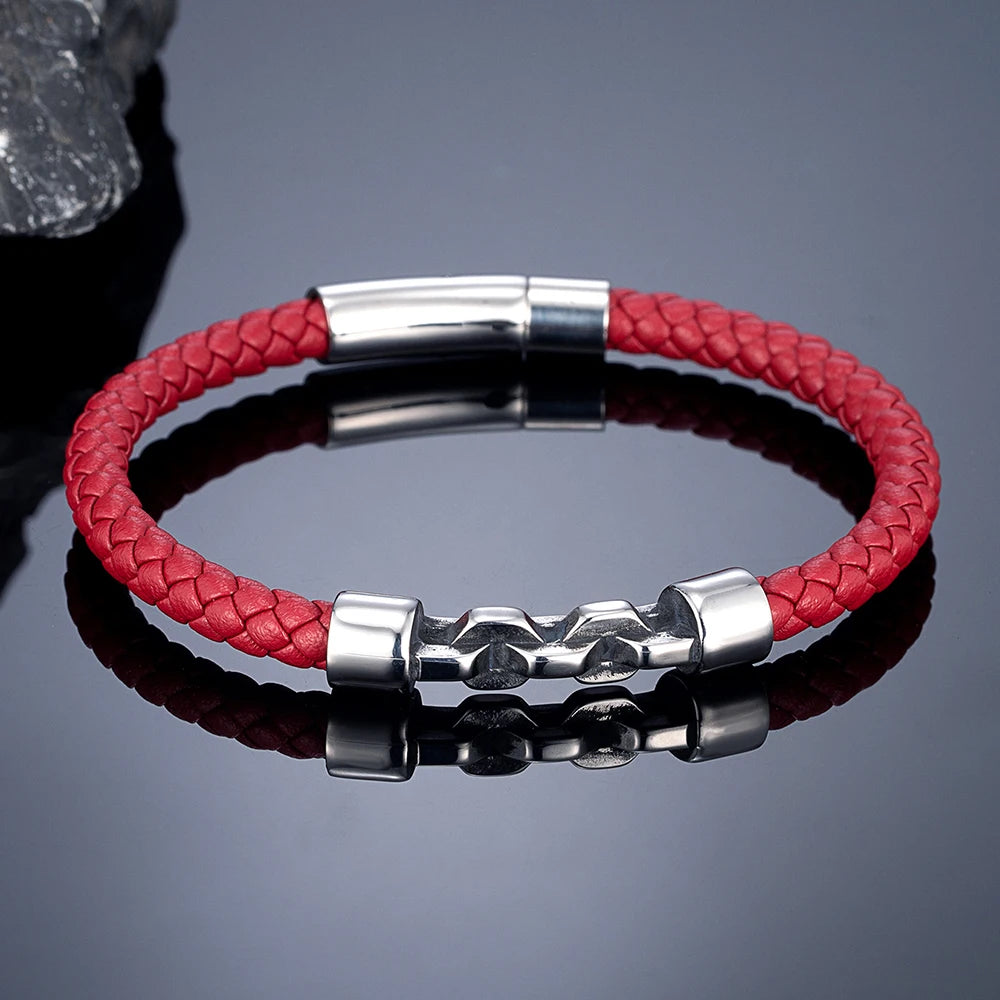 MKENDN Simple Style Vintage Locomotive Men Bicycle Chain Braided Leather Bracelet Stainless Steel Easy Buckle Male Jewelry
