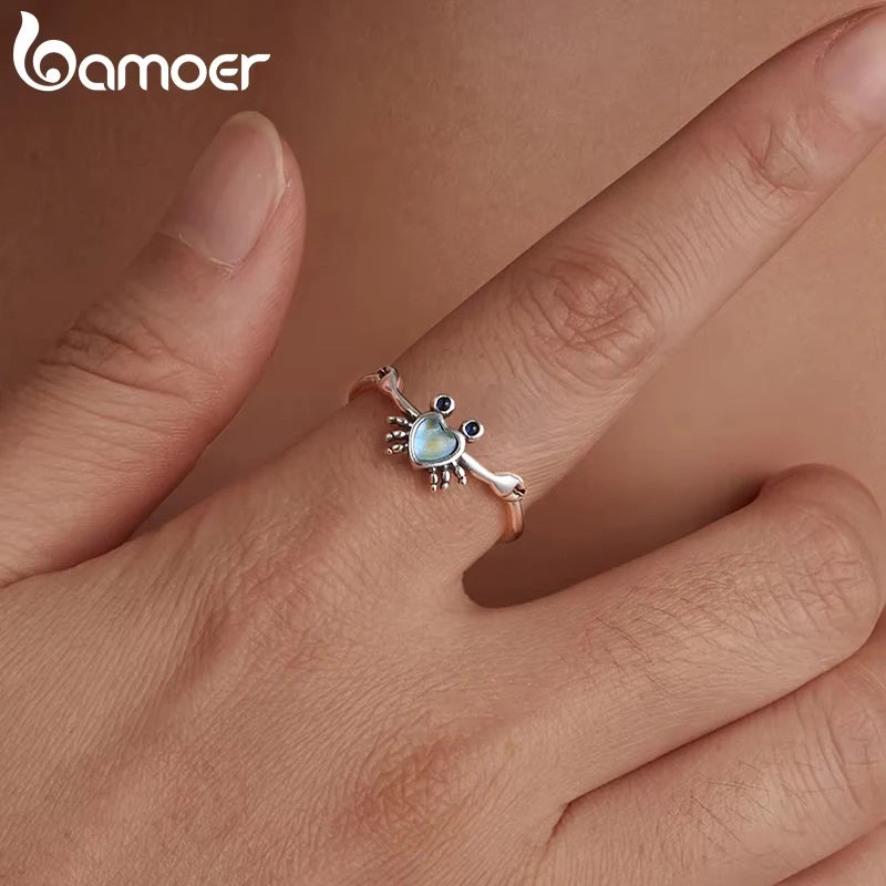 BAMOER 2025 Ring aus massivem 925er Sterlingsilber mit niedlichem Krabbenmotiv, verstellbar, offenes Schmuckstück für Damen, SCR1122-E