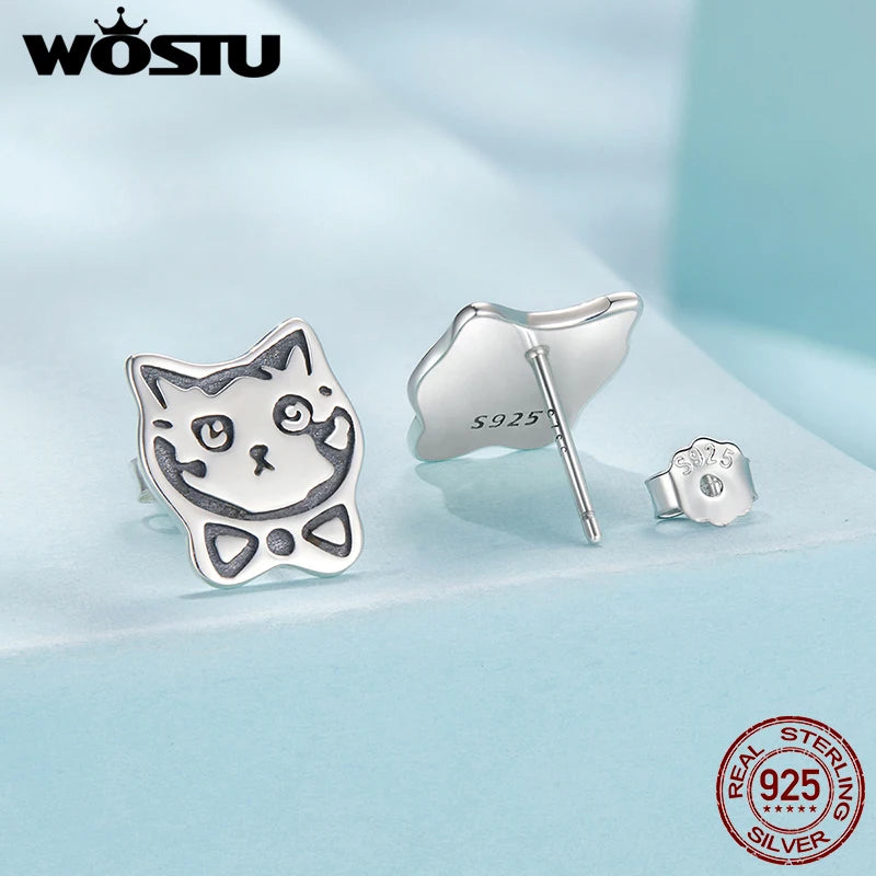 WOSTU Real 925 Sterling Silver Bowtie Cat Stud Earrings for Women Graffiti Cat Ear Studs Lovely Pet lover Faimly Jewelry Gift