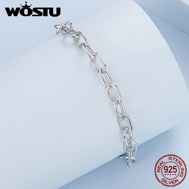WOSTU Solid 925 Sterling Silver 5MM Thick Paperclip Bracelet For Women , s925 Clip Charm Bracelets Jewelry Making Birthday Gift