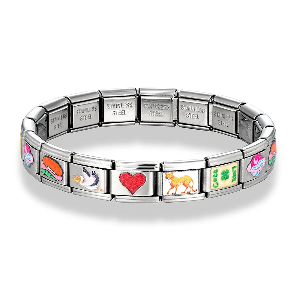 MKENDN Italian Elastic Charm Bracelet 9mm DIY YINYANG TAIJI Cartoon Candy Heart Stainless Steel Fashion Bangle