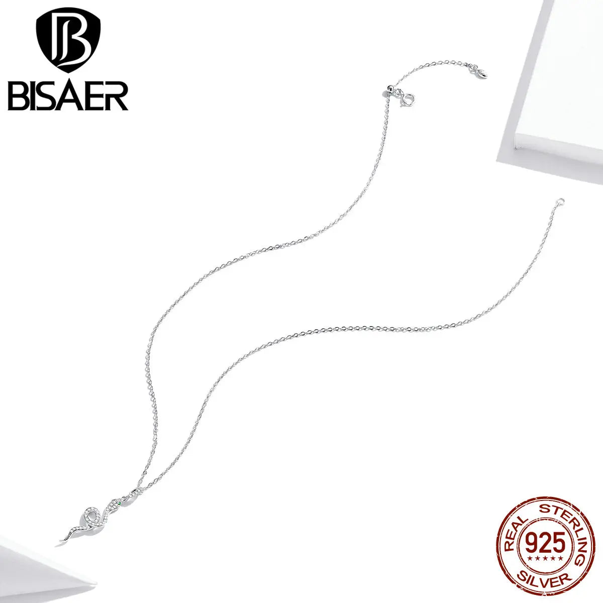 BISAER 925 Sterling Silver Snake Necklace Pendant Pave Setting Zircon Plated Platinum for Women Adjustable Chain Fine Jewelry
