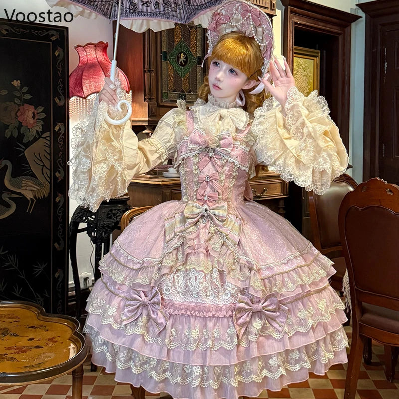 Victorian Gothic Lolita Jsk Dress Women Luxury Elegant Lace Ruffles Bow Wedding Dress Japanese Vintage Princess Party Dresses