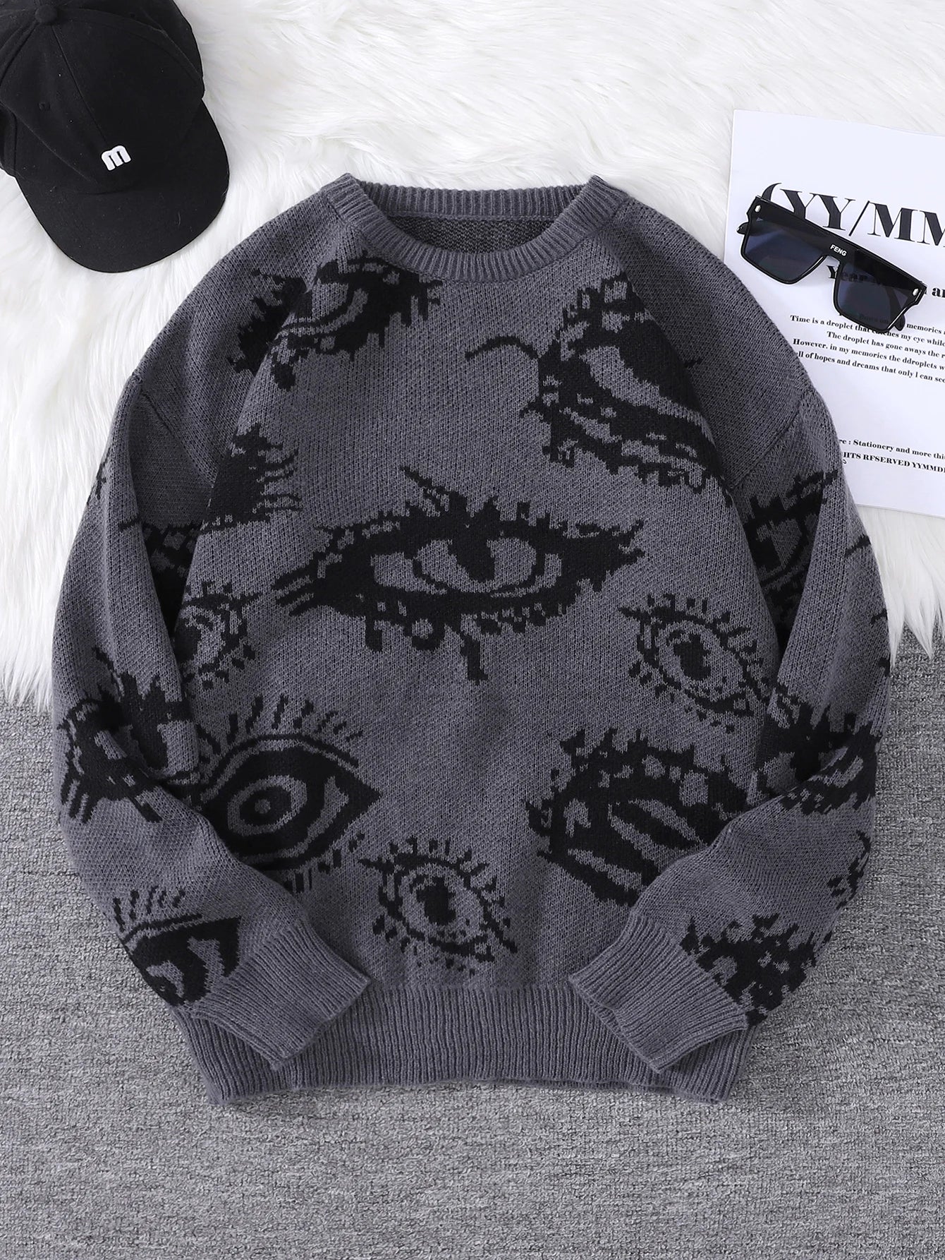 New Popular Autumn and Winter Abstract Eye Jacquard Pattern Pullover Sweater Casual Round Neck Knitted Men's Pullover