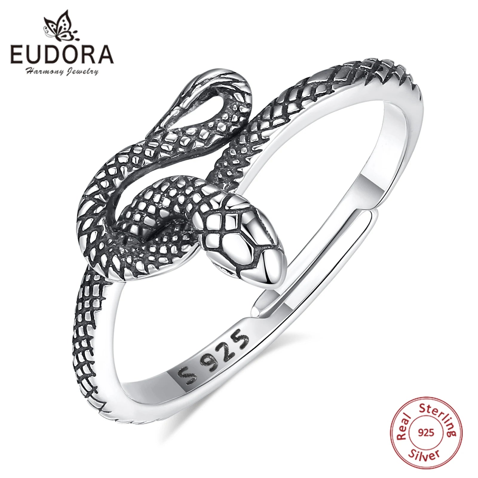 Eudora 925 Sterling Silver Snake Adjustable Ring Vintage Textures Cobra Punk Ring Personalized Jewelry Party Gift for Women Man
