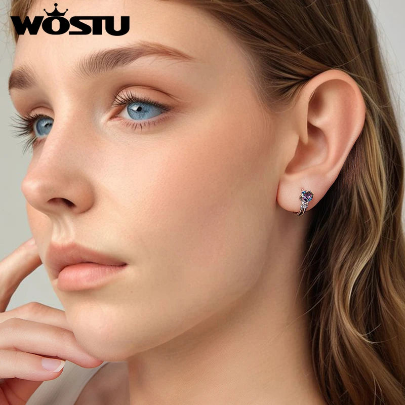 WOSTU 925 Sterling Silver Heart Rainbow Gems Gothic Huggies Earrings For Women, Skeleton Hand Punk Hoop Earring Halloween Gift