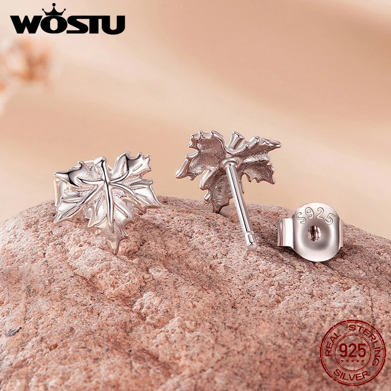 WOSTU 925 Sterling Silver Maple Leaves Stud Earrings For Women , s925 Silver Flower Leaf Studs Thanksgiving Holiday Jewelry Gift