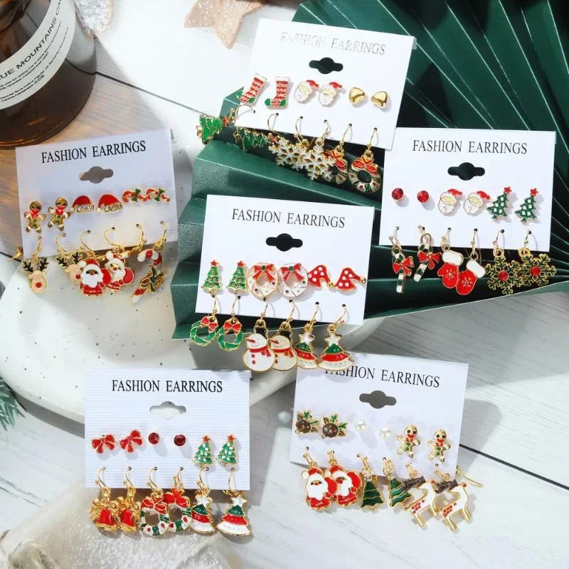 Fashion Cartoon Christmas Earring Set Female Snowflake Tree Snowman Bell Earring Fashion Christmas Ball Earring Jewelry Gifts