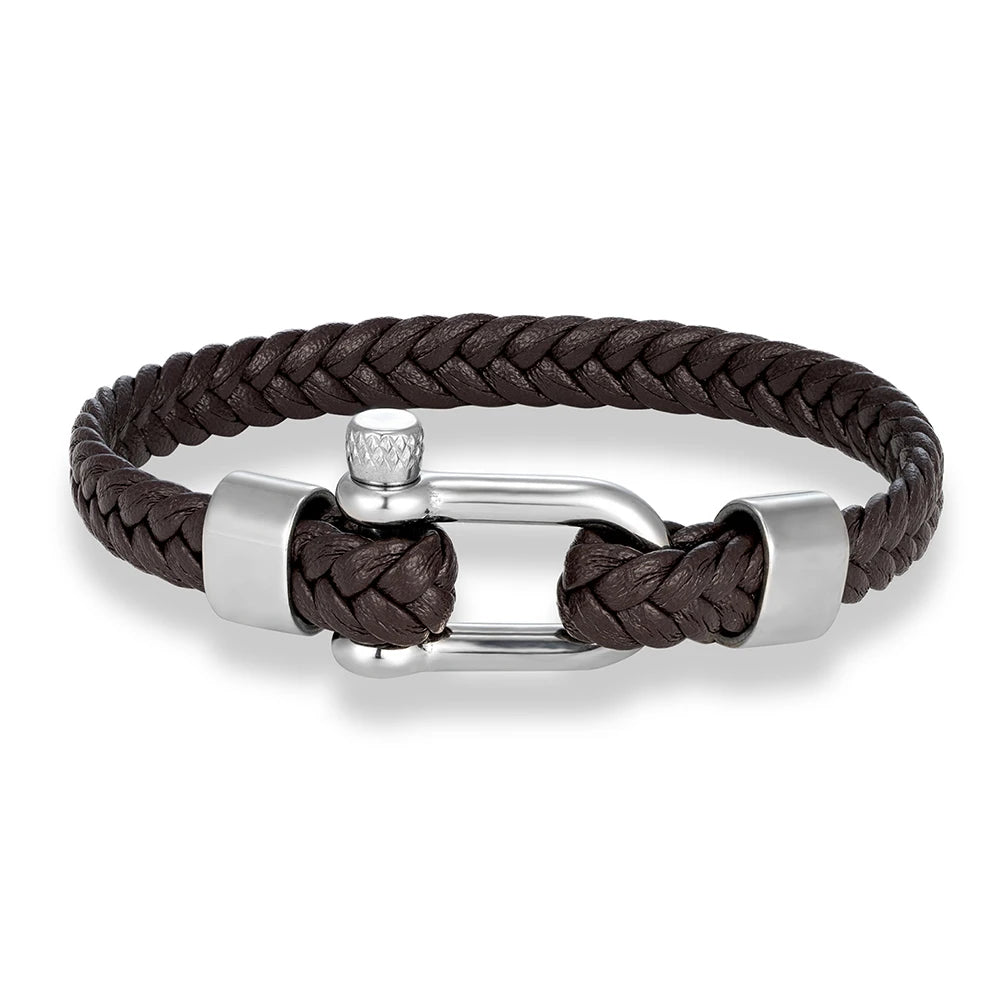 MKENDN Punk Men Braided Black Coffee Leather Bracelet Stainless Steel Shackle Buckle Bracelet Gifts Homme Pulsera