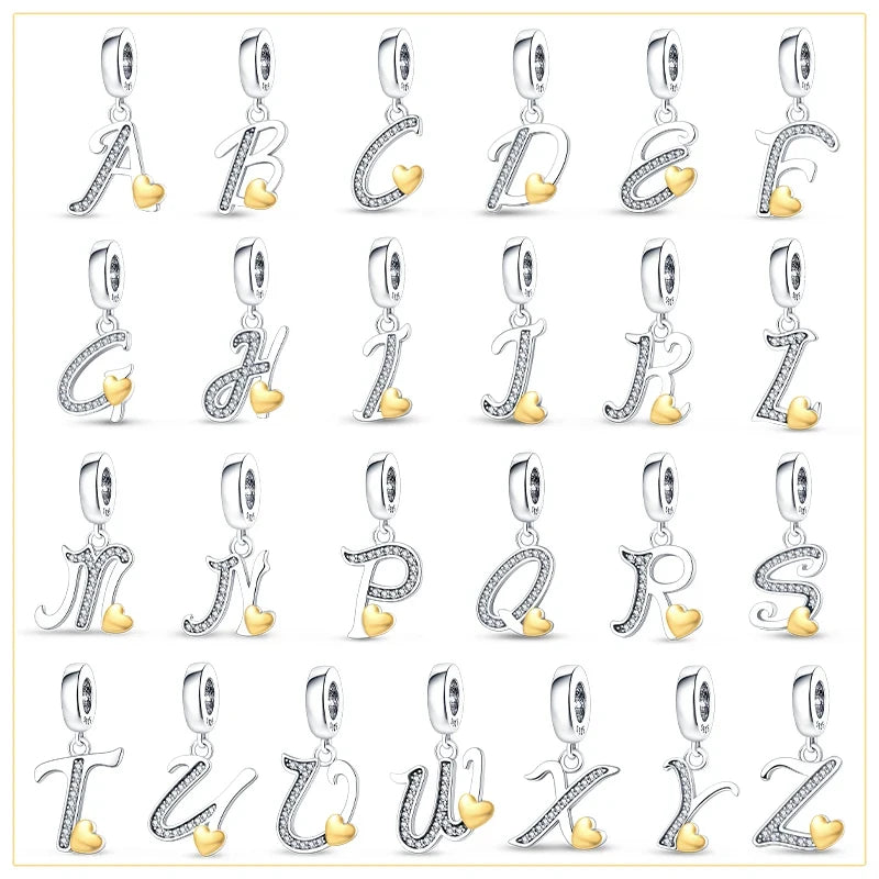Classic 925 Sterling Silver 26 Gold Color Heart Zircon Letter A-Z Charms Beads Fit Original Bracelets DIY Birthday Jewelry Gift