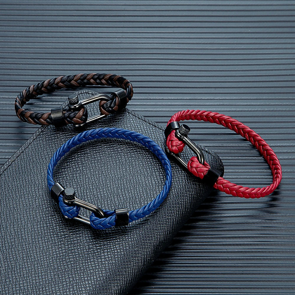 MKENDN Minimalist Nautical Style Braided Leather Bracelet Stainless Steel U-Shape Shackle Buckle Survival Jewelry For Men Women