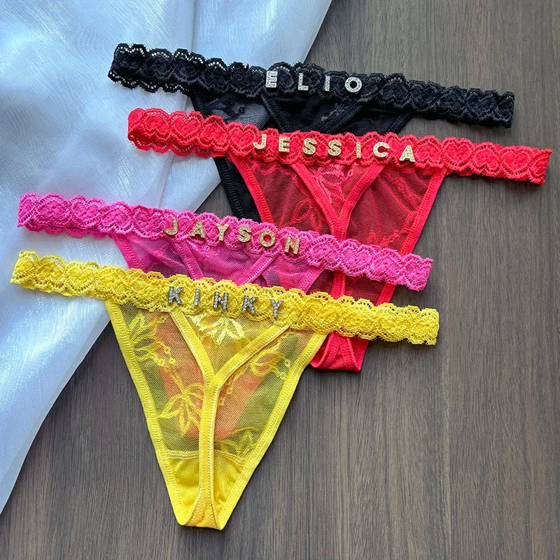 Personality Custom Name Crystal Letter Thong Lace Bikini Panties G-String Low Waist Briefs Sexy Body Jewelry for Hot Wife Gift - Madeinsea©